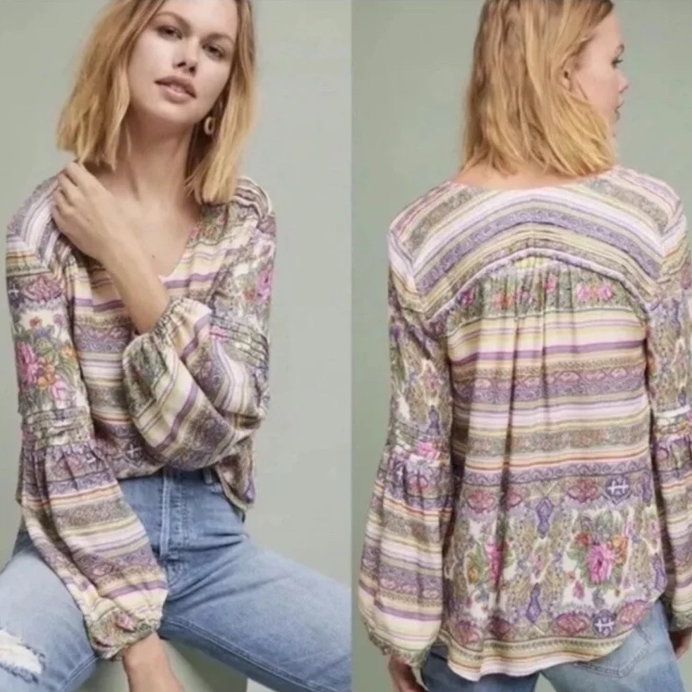 Maeve by Anthropologie Ceresco Peasant Top Floral Boho Hippie Gypsy SZ XS